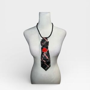 Black and Red Plaid Tie necklace with Rose Accent